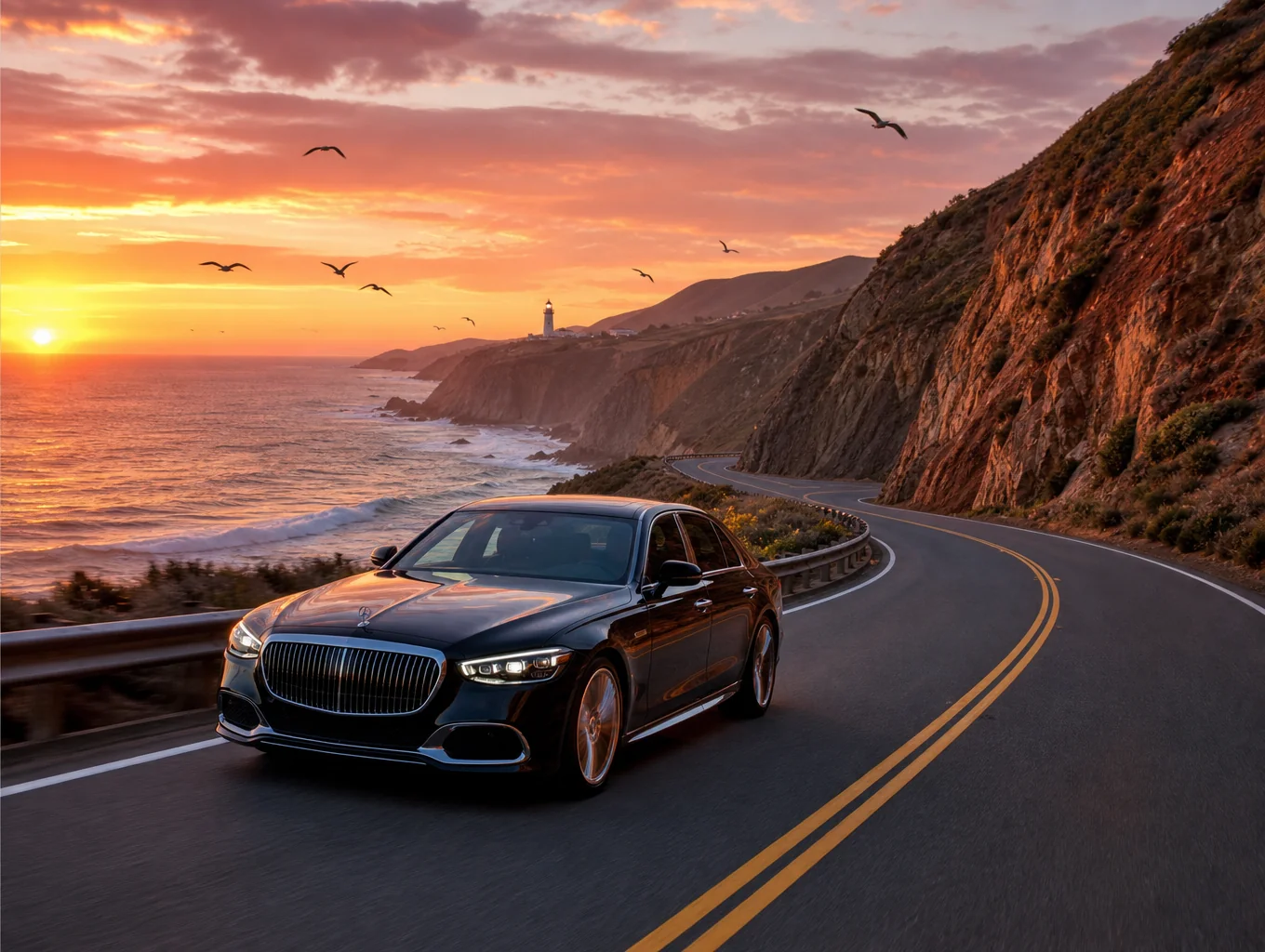 Luxury SUV traversing Pacific Coast Highway at twilight toward regional destination