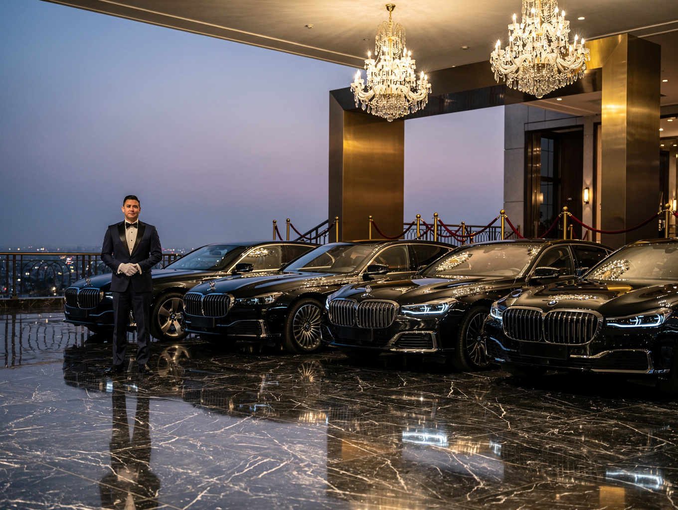 Three matching black luxury SUVs staged outside an executive hotel entrance